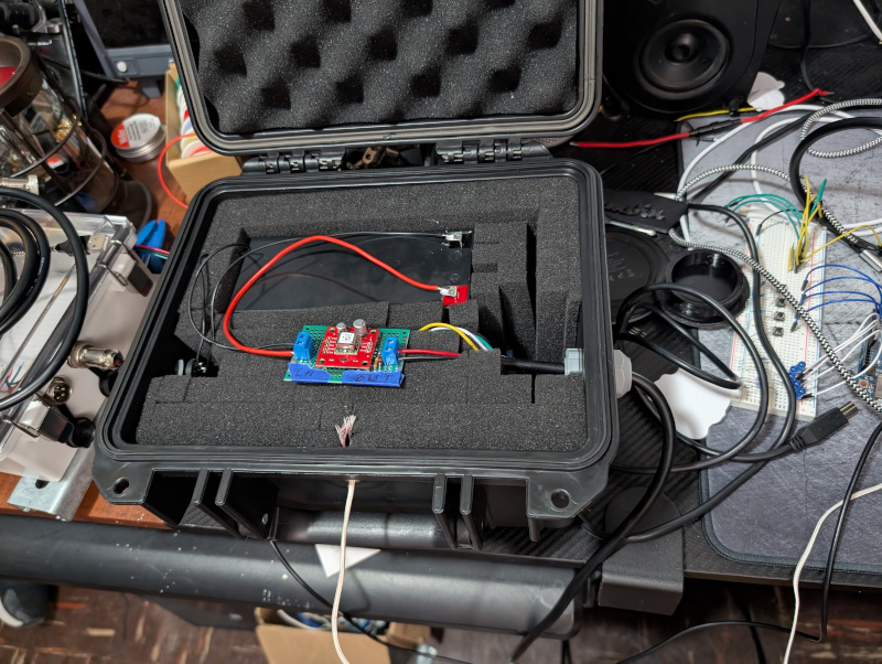 A of the internals of the battery box at time of testing (a different converter was settled on later)